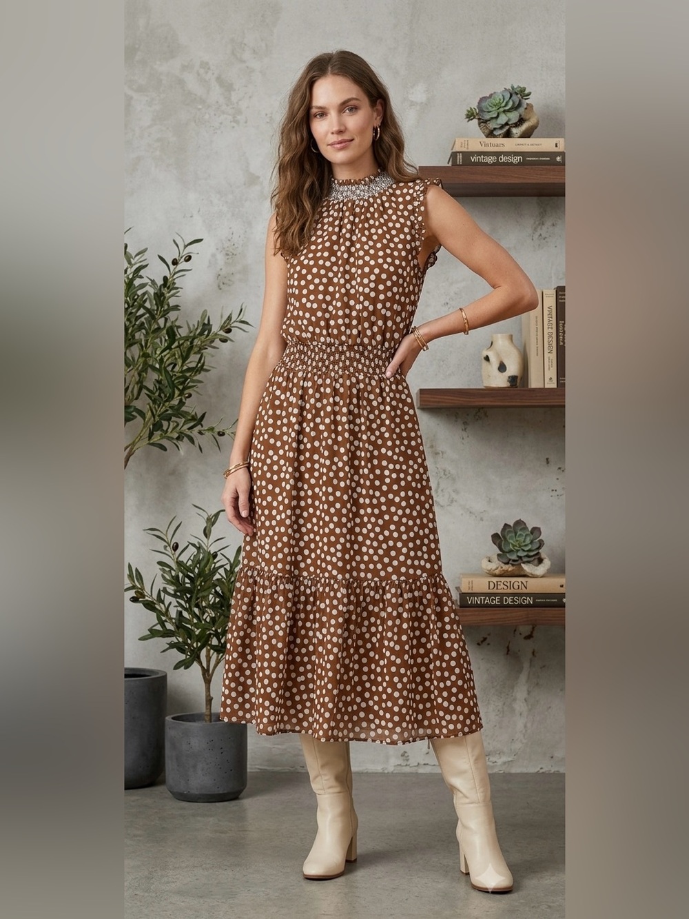NWT • J. Crew Brown Polka Dot Smocked Midi Dress • Small